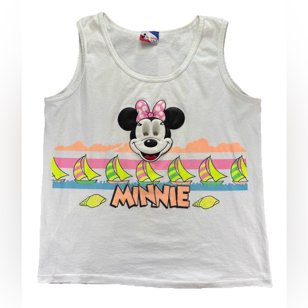 Vintage Minnie Mouse Holographic Beach Tank Top Large White 90s Disney AOP